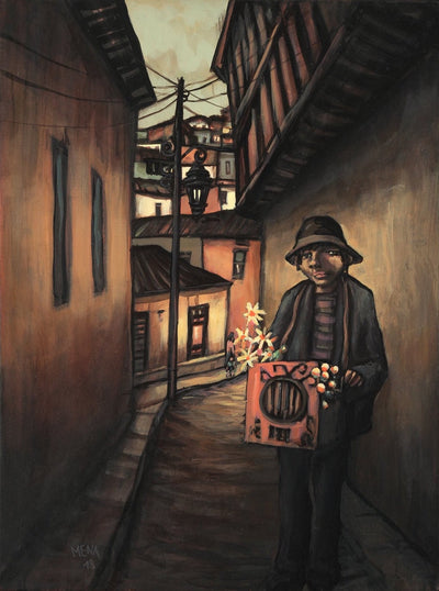 Romantic portrait by Chilean artist Eduardo Mena. A little homeless boy with a colorful flower