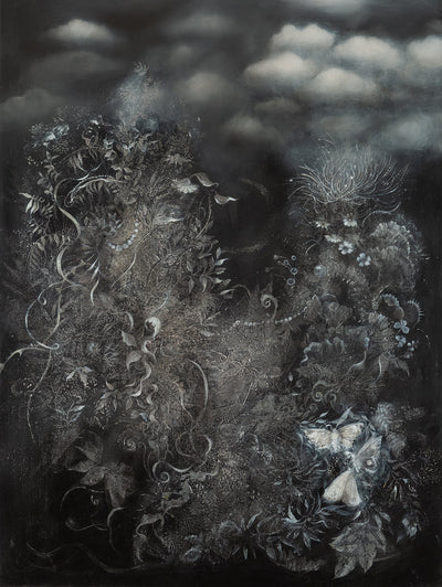 Underwater fantasy art for sale by Linda Larson oil on panel.  Monochromatic black and white plants the bottom of the ocean