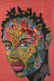Portrait of a woman from Johannesburg in South African.  Painting made with Shweshwe fabric from south africa