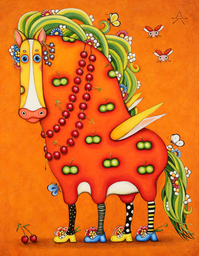 Ukrainian Art for sale. Red Horse in Apples by Alyona Krutogolova, contemporary Ukrainian artist. Only at Art House SF. Oil on canvas.