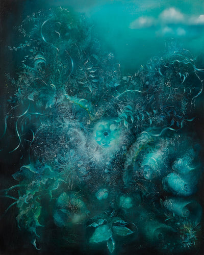 Underwater fantasy art for sale by Linda Larson oil on panel.  Shades of teal and blue wild botanicals, bottom of ocean