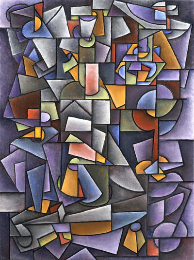 Cubism paintings by American artist for sale. Purple still life with a bottle and fruits