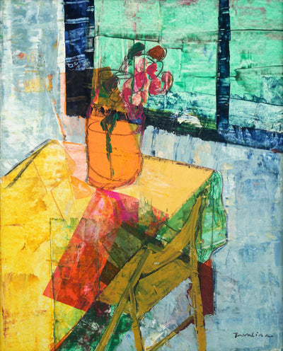 Intuitive painting for sale by Tavalina in acrylic.  Painterly still life in Tavalina’s home, red flowers in a vase on yellow table in abstract style