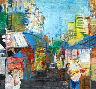 Intuitive painting for sale by Tavalina in acrylic.  Painterly Tel Aviv city street with a cafe and street musician playing guitar in the summer Israel.