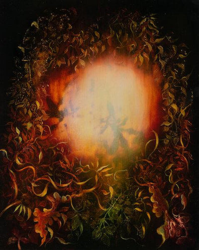 Underwater fantasy art for sale by Linda Larson oil on panel.  Shades of yellow wild botanicals, bottom of ocean