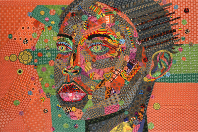 Portrait of a man from Johannesburg in South African.  Painting made with Shweshwe fabric from south africa