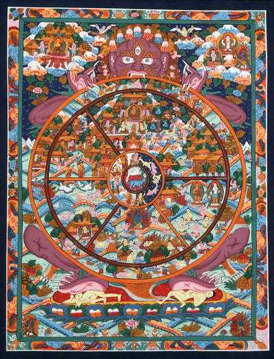Wheel of Life Thangka by Nepalese Master Thangka artist Tashi Gurung from Upper Mustang, Nepal. Framed and ships from San Francisco, CA
